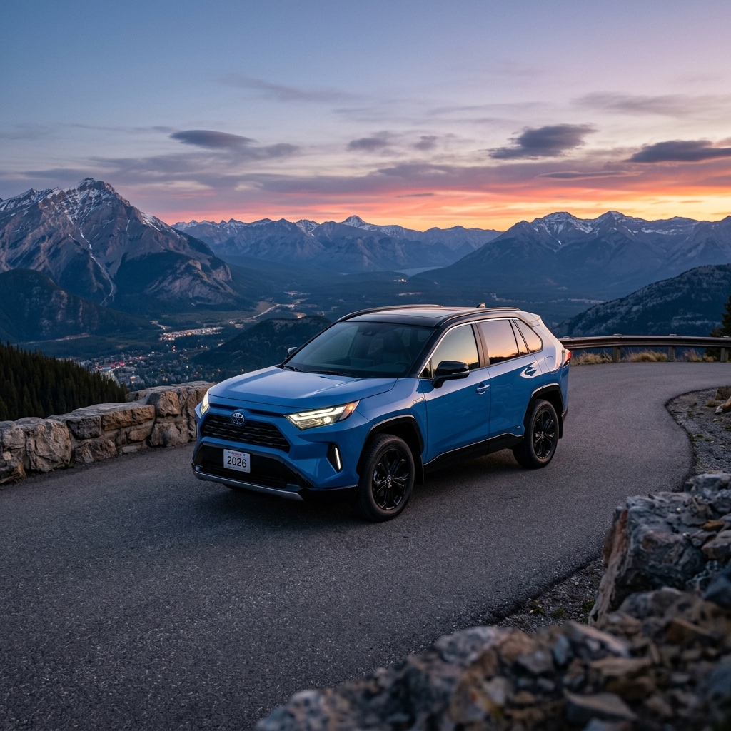 2026 Toyota RAV4 Hybrid parked on a scenic mountain overlook at dusk